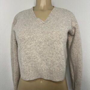 Bella Dahl Cashmere Blend Cropped V-Neck Sweater Oatmeal Beige XS